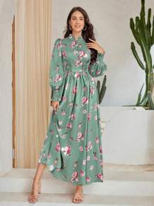 Modelyn Ramadan Floral Printed Shirt Dress With Front Tie For Women - Green - View 6