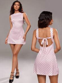 TRNVIE Women's Casual & Commuter Pink Polka Dot Backless Tie Strap Off Shoulder Boat Neck Knit Elastic Waist A-Line Mini Slip Dress, Summer