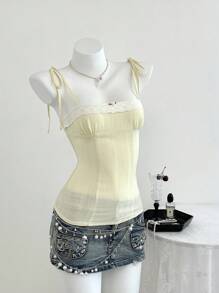 Elamini 休闲格子蕾丝拼接腰带吊带背心，适合年轻女性，春夏季 - 黃色 - 查看 4