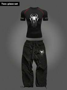 Manfinity Sport Corelite 男式蜘蛛印花插肩袖短袖T恤和裤子运动套装 - 黑色 - 查看 1