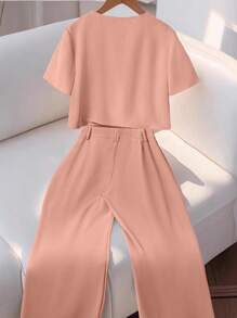 Franclia 2件套女士时尚高品质圆领短袖衬衫和休闲裤套装，适合大学生穿着 - 粉色 - 查看 2