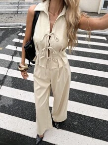SHEIN Frenchy 秋冬女士纯色百褶系带背心和裤子套装 - 米色 - 查看 4