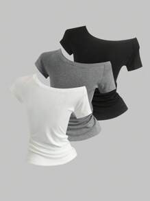 Sweetra 3 件女式不对称肩部修身 T 恤，黑色/白色/灰色基本款单肩上衣，夏季 - 彩色 - 查看 2