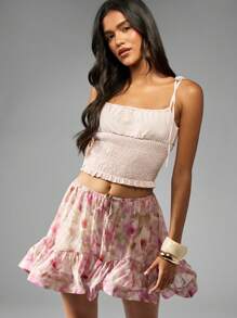 MISSGUIDED 花卉雪纺高腰荷叶边下摆迷你短裙夏季节日沙滩装飘逸派对波西米亚风格可爱短裙下装度假装 - 彩色 - 查看 5