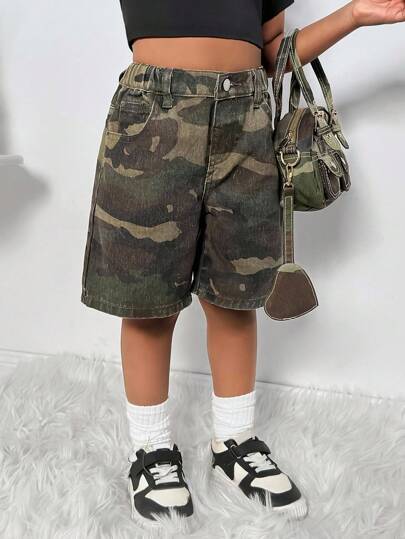 Young Girl Y2K Cute Military Green Camouflage Denim Midpants,2000s Style  Denim Shorts  ,Kawaii ,Back To School Clothes ,Streetwear,Fall Kid's  Casual And Comfortable  Wear