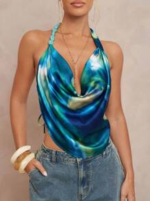 Lumalex 秋季 朴素 复古 风骚 闪光 节日 派对 狂欢 节日 郊游 游泳 度假 波西米亚风 海滩 热门 户外 层次丰富 婚礼 季节 宴会 成人礼 海滩 海滨 女士扎染印花 深 V 领 串珠 露背 背心 围巾上衣 围脖领上衣 露背上衣 扎染上衣 丝绸上衣