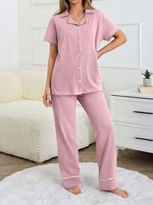 EURMUSE Women Binding Detail Short Sleeved & Long Bottom Homewear Pajama Set - Baby Pink - View 5