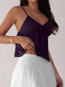 Almamuse 女式纯色前系带褶饰吊带背心 - 紫色 - 查看 3