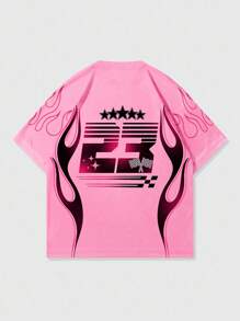 ROMWE MEN Street Life Men's Slogan Printed Short-Sleeve Racing T-Shirt, Suitable For Daily Wear In Spring And Summer, School - Pink - View 2