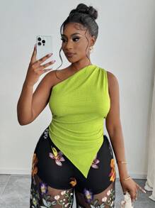 SHEIN PETITE CURVE Plus Size Casual Solid Color Asymmetric Neck And Hem Sleeveless Top - Green - View 5