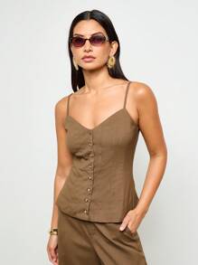 AiiRZ Linen Feel Feel Corset Style Tank Top Sleeveless Button Front Camisole Summer Spaghetti Strap Fitted Blouse Structured Bustier Classic Resort Wear - Brown - View 5