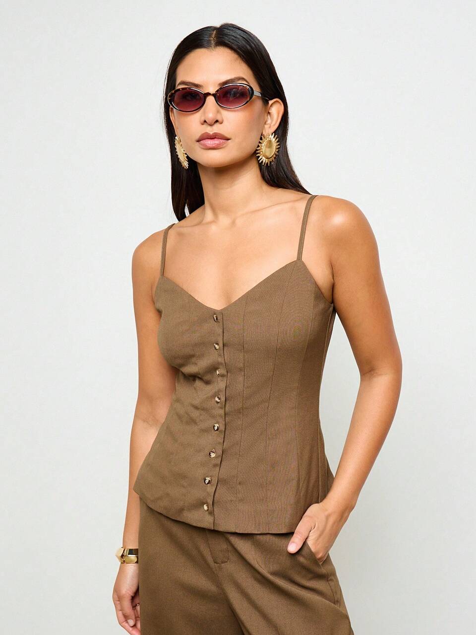 AiiRZ Débardeur style corset au toucher de lin, sans manches, avec boutons devant. Débardeur d'été à fines bretelles, ajusté, bustier structuré. Tenue de villégiature classique