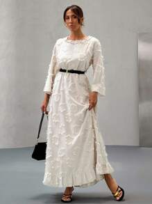EURMUSE 纹理面料，荷叶边下摆长裙 - 白色 - 查看 5