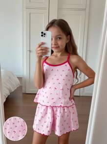 2pcs Tween GirlsCherry Print Camisole And Shorts Comfortable Pajama Set,Children's Girls' Pajamas,Contrast Cherry Textured Fabric Suspenders Set,Back To School - Pink - View 10
