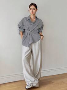 Dazy-Less Cămașă de damă cu mânecă lungă, lejeră, casual, cu dungi, cu nasturi metalici și decor răsucit, potrivită pentru birou și exterior, primăvară/toamnă - Gri - Vizualizare 6