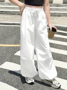 SHEIN Tween 女童纯色抽绳腰口袋阔腿宽松褶皱休闲裤，春夏 - 白色 - 查看 6