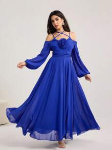 Modelyn Rochie elegantă de lungime medie pentru femei, cu decor floral 3D, albastru regal, rochie de seară formală albastră, rochie albastră cobalt, rochie lungă albastră, rochie formală cu umeri decupați, ținute lungi de vară pentru femei, rochii de seară de lux pentru femei, rochii de seară preppy pentru femei de toamnă, rochii de seară de lux pentru femei