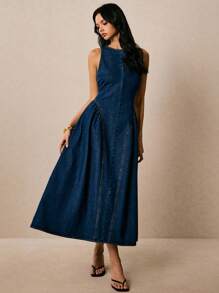 Poéselle 女式圆领无袖露背喇叭牛仔连衣裙，夏季时尚 - 深色水洗藍 - 查看 4