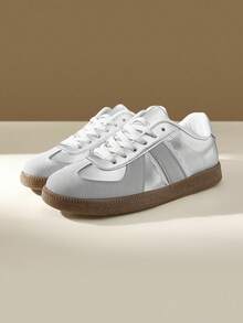 CUCCOO EASI 2024年春季女款复古百搭休闲运动鞋，平底白色运动鞋 - 銀色 - 查看 2