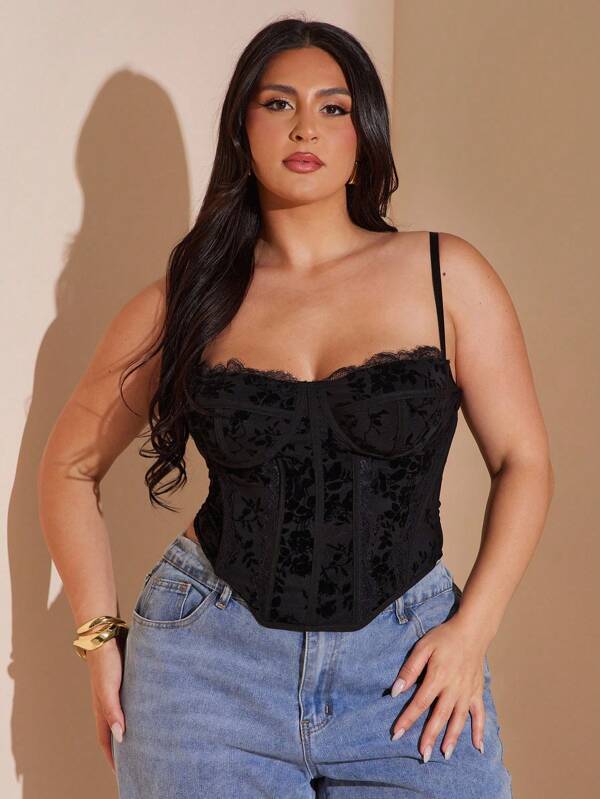 SHEIN BAE Plus Size Fall Sweet Sexy Black Lace Floral All Over Flocked Mesh Print Asymmetric Hem Spaghetti Straps Corset Top,Fall Women Clothes,Halloween,Back To School Clothes,School Clothes,Christmas,Winter,Summer Dresses For Women,Wedding Guest Dress Women Curve,Plus Size Dresses,Birthday Outfits For Women,Vacation Outfits Woman,Formal Dresses For Women,Western Wear Women