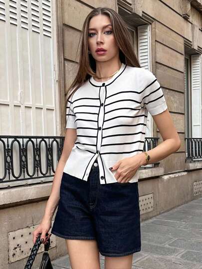 Pariaura Black & White Stripe Contrast Color Knit Cardigan, Short Sleeve Tops For Spring/Summer