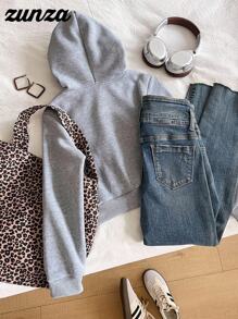 少女休闲百搭连帽卫衣，拉链卫衣，饰有数字、字母和豹纹图案，短款女童猎豹纹卫衣，少女拉链卫衣，女童短款拉链卫衣，女童灰色拉链卫衣，秋冬款 - 灰色 - 查看 2