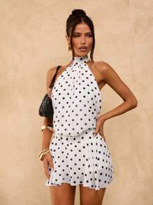 SHEIN BAE 纯棕色波尔卡圆点露背吊带不对称下摆迷你性感夜店连衣裙，适合音乐节装扮、度假装 - 白色 - 查看 5