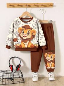 SHEIN 男婴休闲宽松针织圆领柔软运动衫和裤子套装，适合秋冬季 - 彩色 - 查看 2