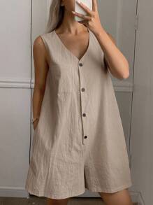 DAZY 简约风格无袖女式连体裤家居服睡衣 - 卡其色 - 查看 4