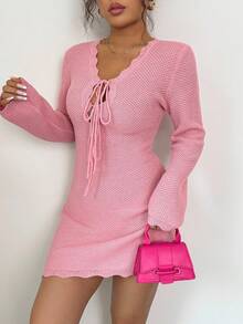 Elenzga Sexy Fashion 3D Flower Ruffle Hem Tie Bow Knot Bodycon Long Sleeve Sweater Dress For Women - Pink - View 4
