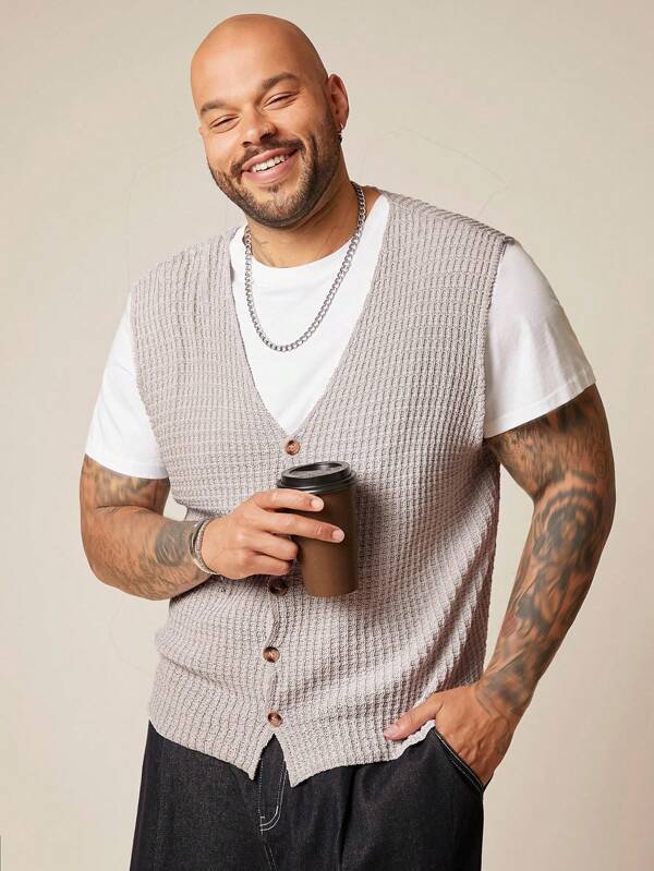 EASEVO Plus Size Men's Casual Apricot Knitted Fall Sweater Vest