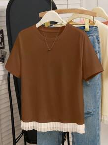 INAWLY Áo thun viền bèo nhún màu sắc đơn giản - Cà phê nâu - Xem 3
