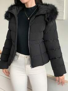 DAZY Women's Autumn/Winter Fitted Padded Coat With Furry Collar And Waist Drawstring Jacket - Black - View 4