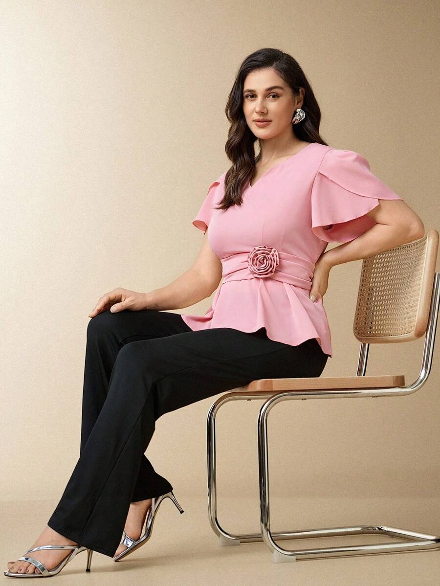 SHEIN Clasi Ladies' Casual Elegant Petal Short Sleeve Cut-Out V-Neck 3D Floral Belt Elastic Waist Ruffle Hem Blouse Top And Elastic Waist Flare Leg Pants 2 Pieces Set, Plus Size, Fall Women Clothes Fall Clothes Fall Women Outfits - Dusty Pink - View 1