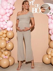 Loomaby Bộ 2 món áo và quần dài cổ tròn màu trơn thanh lịch cho bà bầu - Màu Khaki - Xem 1