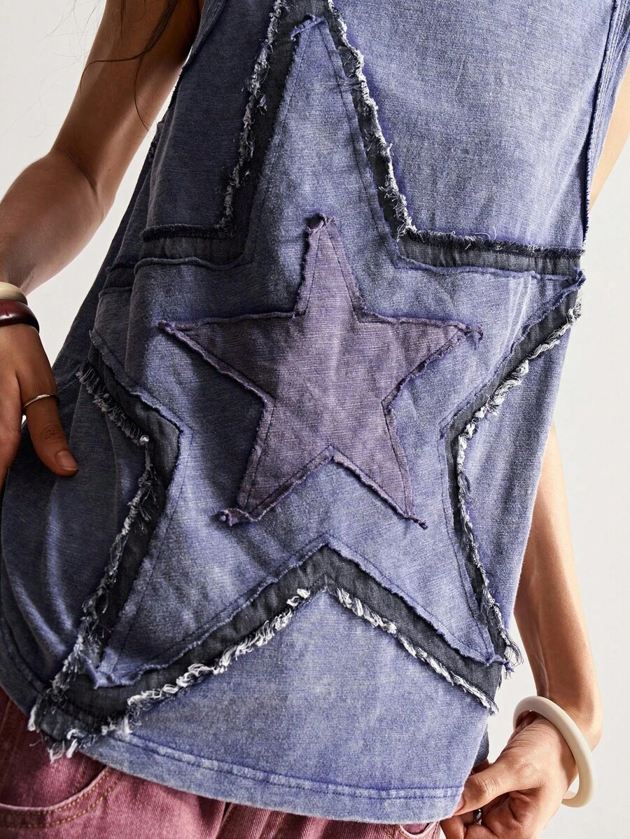 Bohemela 复古美式针织拼接五角星刺绣图案无袖宽松水洗上衣（女款）