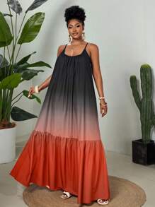 Maweii 2025年大码女式优雅日常休闲时尚撞色印花春夏梭织面料高级度假细肩带连衣裙 - 彩色 - 查看 2