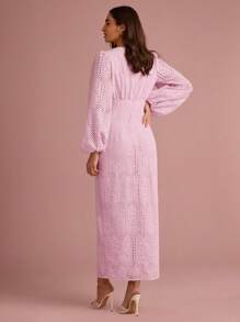 Enchnt Summer/Fall Romantic Women's Pink Floral Hollow Embroidery V-Neck Lantern Sleeve High Slit Maxi Dress - Pink - View 7