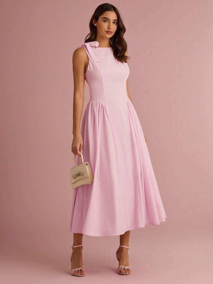Enchnt Summer/Fall Romantic Women's Pastel Pink Bowknot Shoulder Sleeveless Pleated Long Dress - Pink - View 1