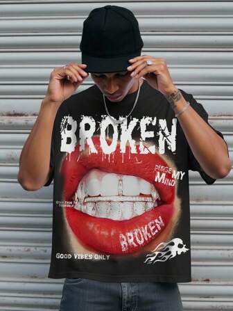 Goth Men's High Street Vintage Lip Round Neck T-Shirt, Spring/Summer