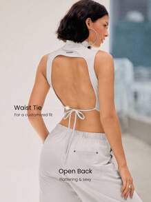 GLOWMODE Top de tirantes sin espalda con cuello alto de encaje, elástico, reflectante y transpirable, de nailon, para baile, yoga, pilates, barre y uso diario casual, de bajo impacto - Gris Claro - Ver 4