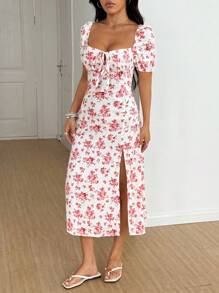 SHEIN Unity Vestido maxi para mujer con estampado floral, abertura alta, casual y de vacaciones, ideal para primavera/verano - Rosa - Ver 6