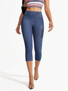 Flexra 纯色口袋松紧腰时尚修身七分牛仔裤 - 中等水洗藍 - 查看 4