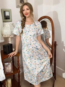 ثوب نوم بنمط نباتي متعدد الألوان ناعم، ذو رقبة دائرية وأكمام قصيرة، ثوب نوم مريح - متعدد الألوان - مشاهدة 3