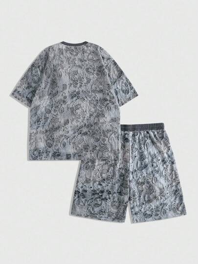 Street Life Men's Distressed Tie-Dye Ripped T-Shirt And Shorts Set, Vintage Rugged Streetwear