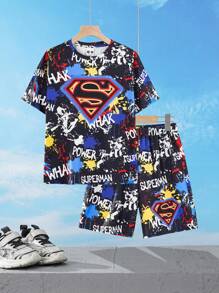 SUPERMAN X SHEIN Bộ đồ ngủ tay ngắn màu đen rộng rãi thoải mái cho bé trai tuổi teen họa tiết graffiti nhiều màu sắc và quần short - Nhiều màu - Xem 9