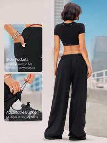 GLOWMODE Move And Grove Soft Smooth Reflective Pockets Drawstring Waist Smooth Oversized Baggy Wide Leg Sweatpants Dancing Daily Casual Wear  Spring Summer - Black - View 4