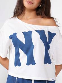 SUMWON Off Shoulder Crop T-Shirt Wide Leg Jogger Co-Ord Streetwear Two Piece Set Matching Wear NY Logo Varsity Collegiate Style Casual Fall Winter Spring - Royal Blue - View 6