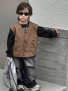 Dazy Kids 秋季幼儿男童无袖宽松休闲背心夹克 - 棕色 - 查看 6