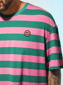 EASEVO 大码男士彩色针织休闲宽松趣味条纹落肩圆领短袖 T 恤，适合夏季外出 - 彩色 - 查看 3